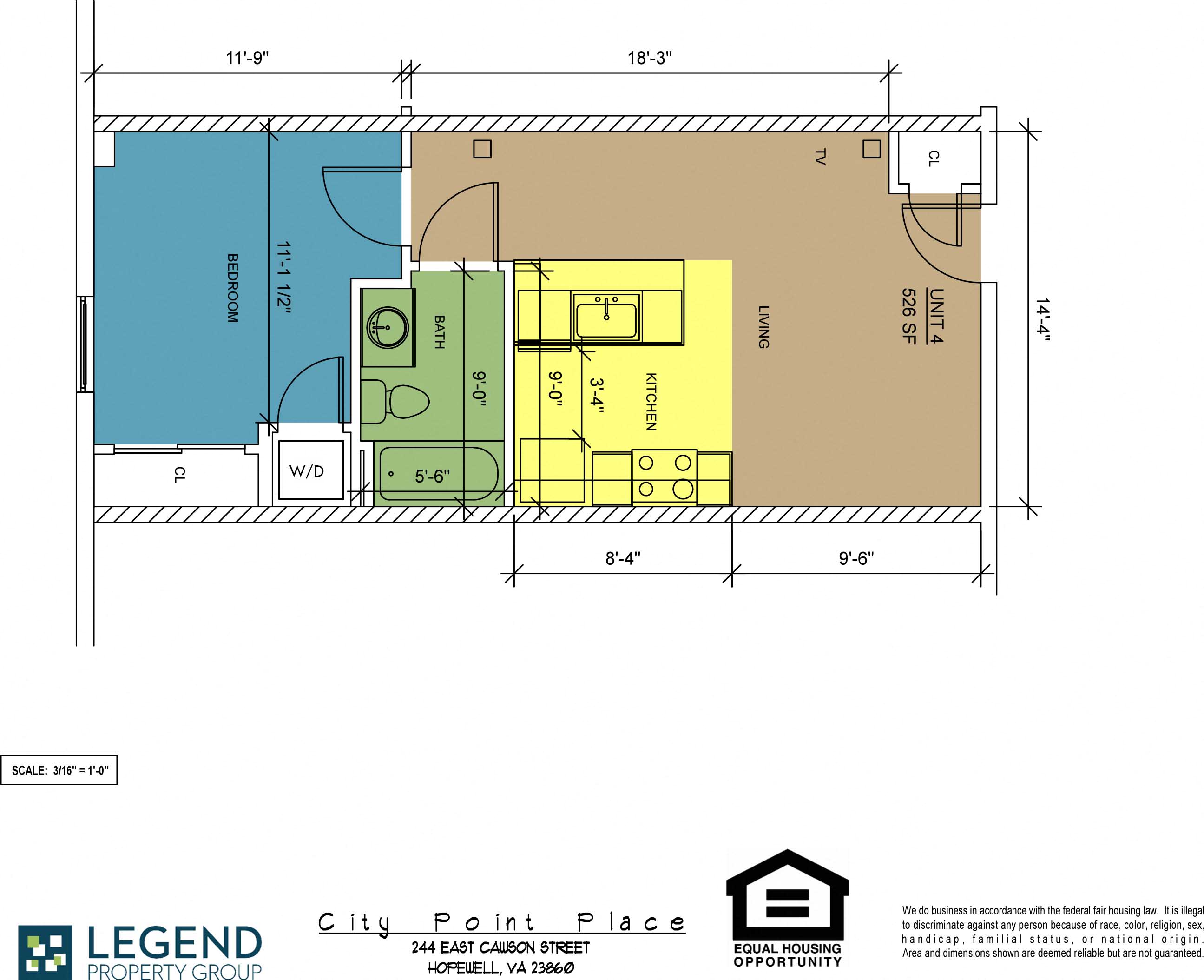 Floor plan for 1 bed, 1 bath, 526 sqft